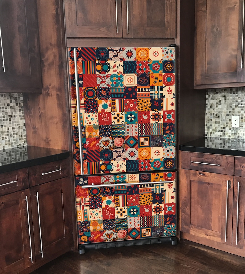 Farmhouse Refrigerator Wrap Side by Side Retro Style Patchwork Fridge ...