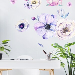 Purple Floral Wall Decals, Peony Flower Wall Decals Nursery, Watercolor ...