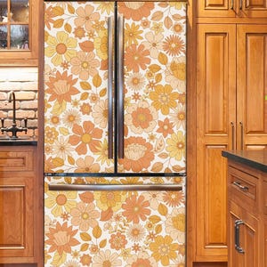 Kühlschrankverpackung Retro Floral, Boho Kühlschrank Wrap Vinyl Side by Side Vintage Blumen Kühlschrank Aufkleber Dekorative Selbstklebende Haut Küche Dekor