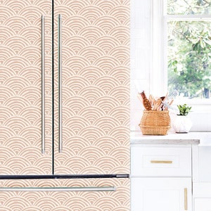 Beige Fridge Wrap Vinyl, Geometric Boho Refrigerator Wrap Side by Side, Retro Decorative Fridge Decals Self Adhesive Boho Kitchen Decor