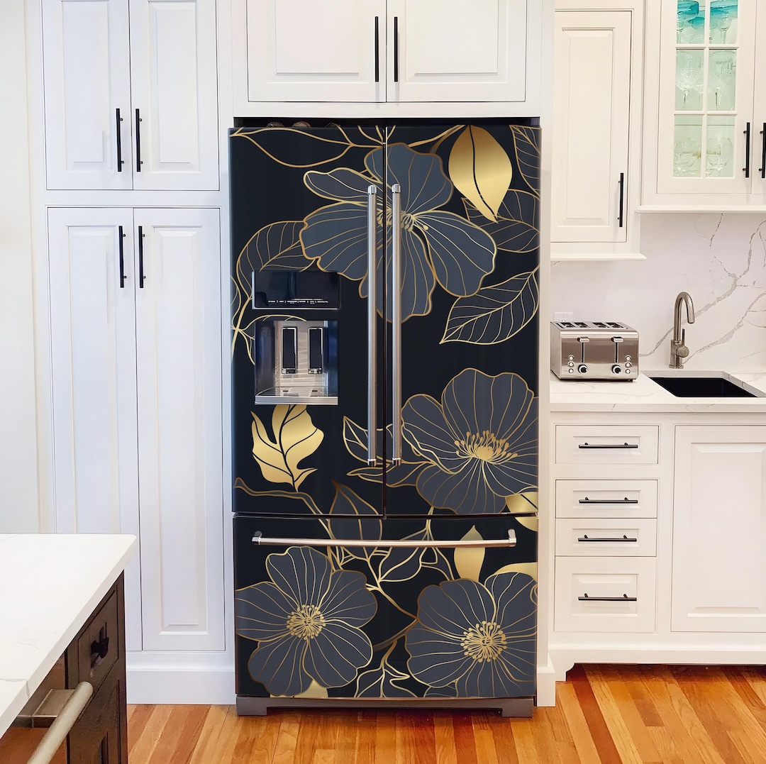 Fridge Wrap Vinyl Black Floral, Refrigerator Wrap Side by Side Gold ...