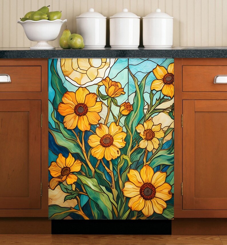 May include: A stained glass style decal featuring yellow flowers with brown centers and green leaves on a blue background. The decal is designed to be applied to a refrigerator or other appliance.