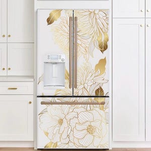 Floral Fridge Wrap Vinyl, Refrigerator Wrap Side by Side Gold White Fridge Decals Top Bottom, Decorative Self Adhesive Flower Kitchen Decor