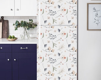 White Fridge Wrap Floral, Refrigerator Wrap Side by Side Vinyl Decorative Fridge Top Bottom Door Cover Self Adhesive Flower Kitchen Decor