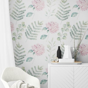 Pink Hydrangea Wallpaper for Nursery, Floral Wallpaper Baby Girl Room, Watercolor Flower Wallpaper Peel Stick Self Adhesive Removable Vinyl