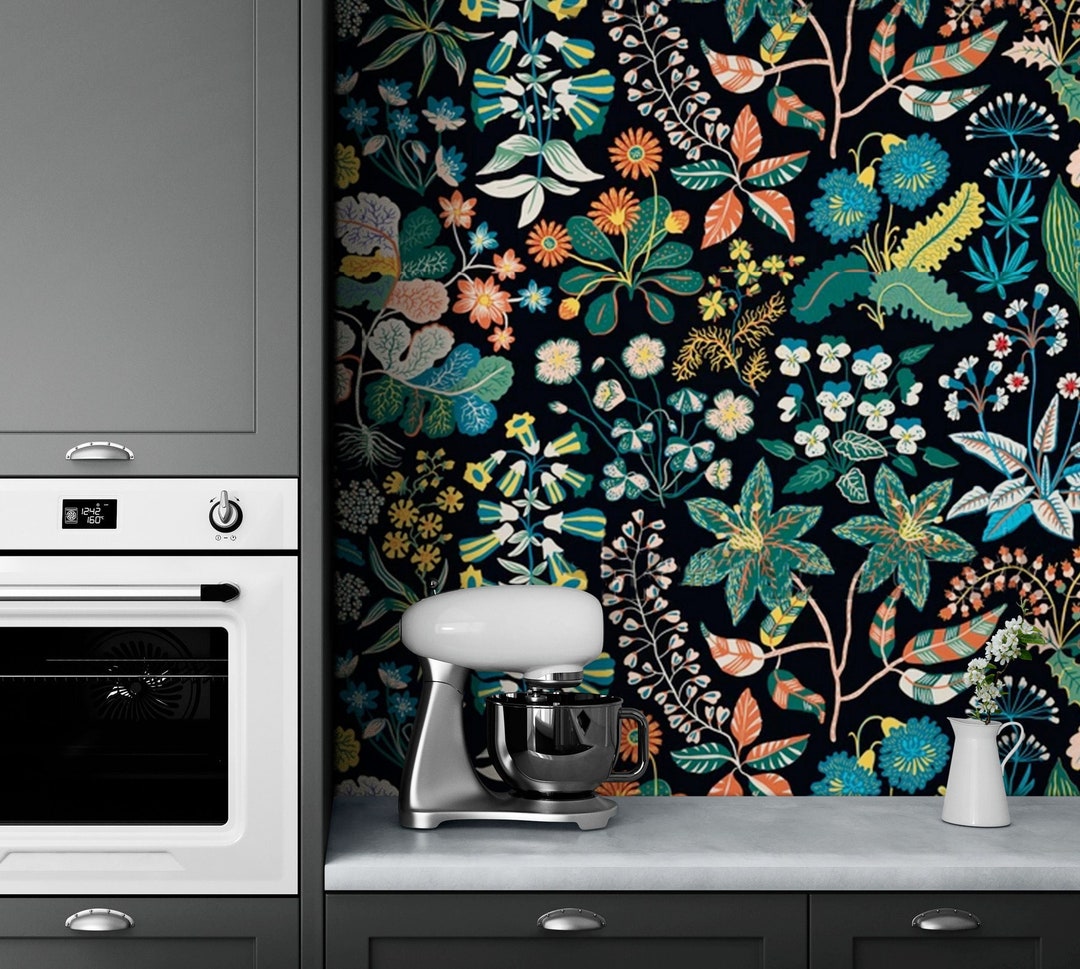 Dark Botanical Wallpaper Peel & Stick, Dark Green Garden Wallpaper