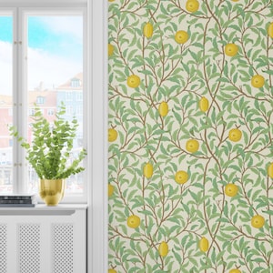 Carta da parati Peel & Stick Limoni, Carta da parati Vinile ispirato a William Morris, Carta da parati per cucina botanica Decorazione vintage autoadesiva rimovibile