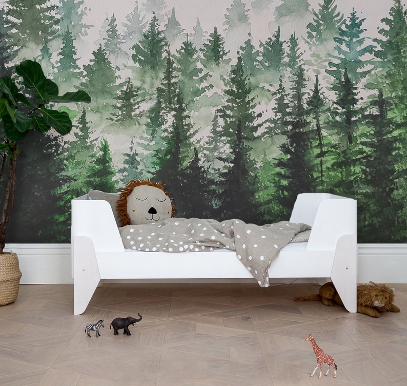 Kids Wallpaper Forest, Woodland Wallpaper for Boys Room, Boys Wallpaper for Bedroom Peel & Stick, Watercolor Forest Pine Wood Mural Vinyl