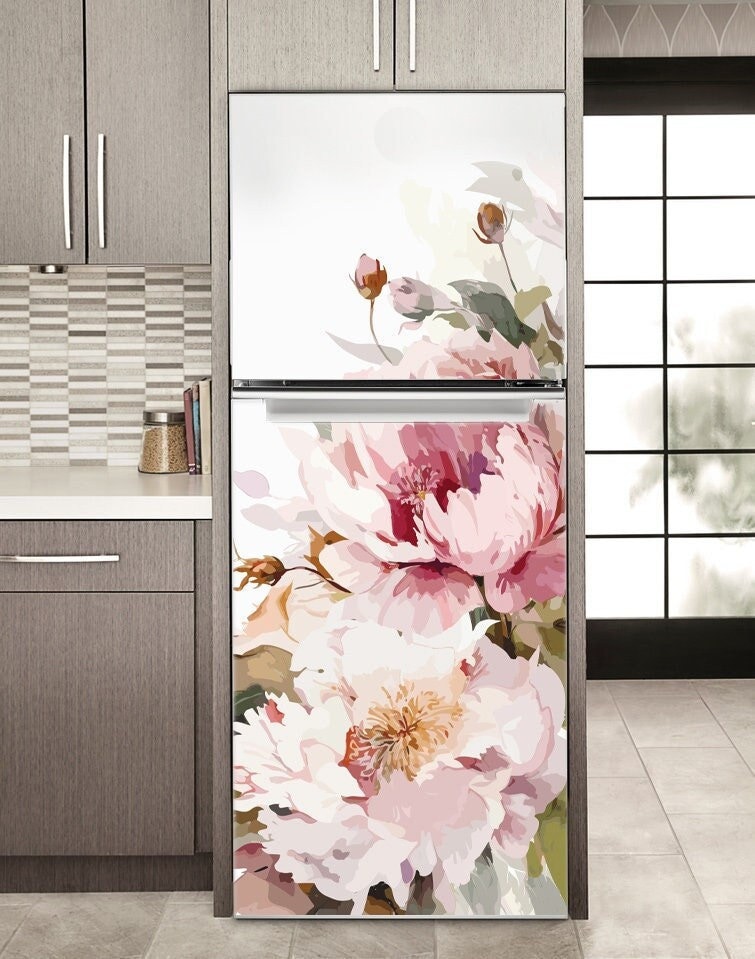 Peony Fridge Wrap Vintage Floral Boho Refrigerator Wrap Vinyl Side by ...