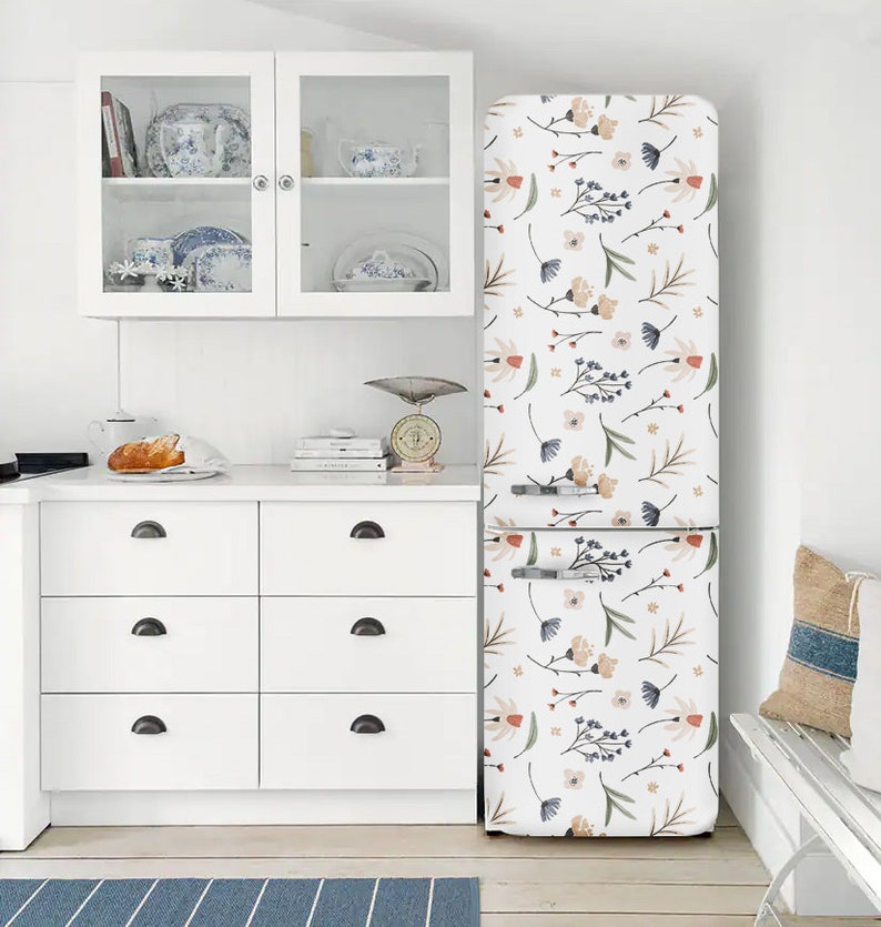 White Fridge Wrap Floral, Refrigerator Wrap Side by Side Vinyl