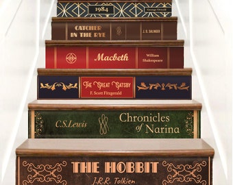 Book Title Stair Decals Custom, Book Spine Stair Riser Decals, Staircase Decals Vinyl Peel Stick, Retro Book Spine Decals for Stairs Decor