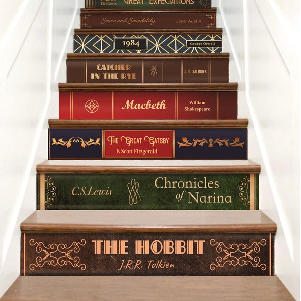 Book Title Stair Decals, Book Spine Stair Decals, Stair Riser Decals, Staircase Decals Vinyl Peel Stick, Retro Book Spine Decals for Stairs