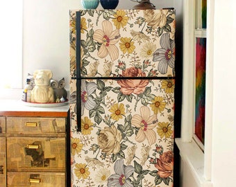 Boho Fridge Wrap Vintage Floral Refrigerator Wrap Vinyl Side by Side Retro Decorative Fridge Decals Self Adhesive Flower Kitchen Decor