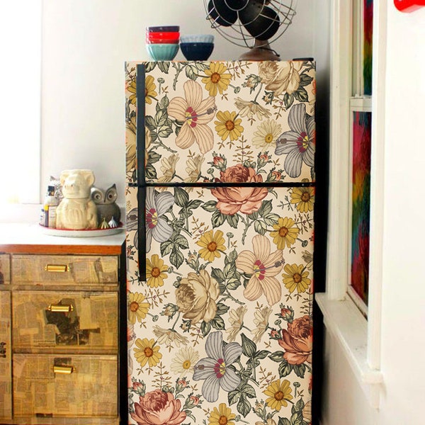 Boho Fridge Wrap Vintage Floral Refrigerator Wrap Vinyl Side by Side Retro Decorative Fridge Decals Self Adhesive Flower Kitchen Decor