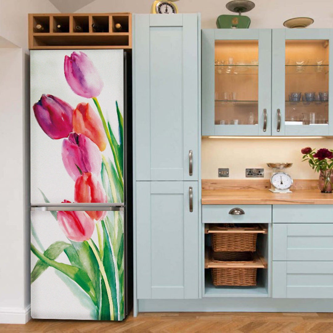 Flower Refrigerator Wrap Vinyl, Tulips Fridge Decal, Fridge Mural ...