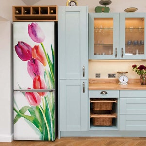 Flower Refrigerator Wrap Vinyl, Tulips Fridge decal, Fridge Mural, Fridge Wraps Peel and Stick, Watercolor Flower Fridge decal