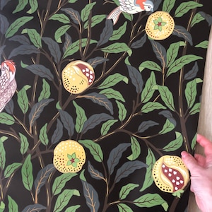 May include: Black wallpaper with a repeating pattern of green leaves, yellow pomegranates, and red and white birds.