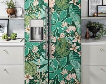 Fridge Wrap Tropical, Refrigerator Wrap Vinyl Decal, Side-by-Side Door Cover, Top Bottom Freezer Self Adhesive Green Kitchen Appliance Decor