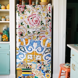Fridge Wraps Vinyl Side by Side Refrigerator Wraps with Tiles, Full Top Bottom Decal Self Adhesive Custom Fridge Cover Tiles Kitchen Decor