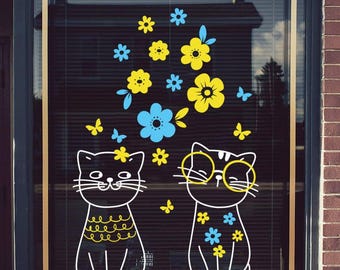 Spring Flower Cats Window Decals, Floral Shop Retail Window Decor, Spring Window Clings, Window Decorations, Commerce Easter Vinyl Stickers