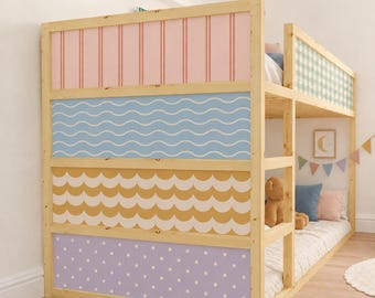 Pegatinas para cama KURA (para combinar), pegatinas para cama IKEA Kura, decoración personalizada para habitación infantil con diseño de rayas y ondas en tonos pastel.