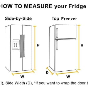 May include: Diagram illustrating how to measure a refrigerator, showing French door, side-by-side, top freezer, and bottom freezer models. Dimensions include width (W), height (H), side width (D), and door thickness (W1).