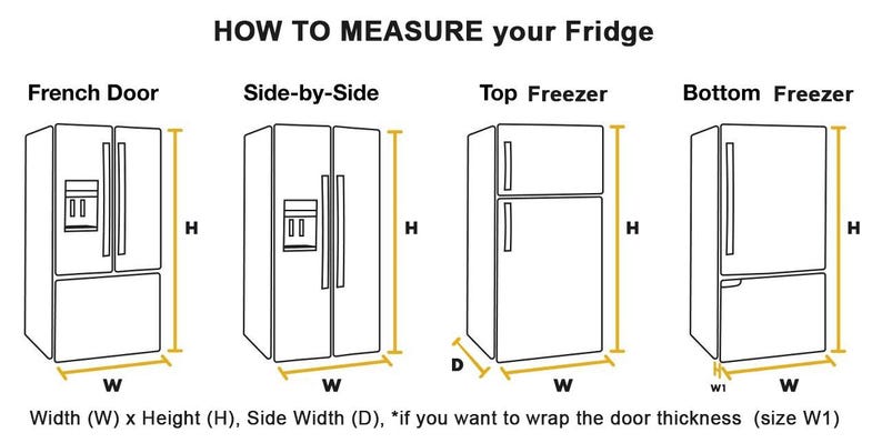 May include: Diagram illustrating how to measure a refrigerator, showing French door, side-by-side, top freezer, and bottom freezer models. Dimensions include width (W), height (H), side width (D), and door thickness (W1).