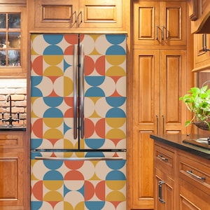 Fridge Wrap Geometric, Refrigerator Wrap Side by Side, Retro Decorative Top Bottom Fridge Vinyl Decals Self Adhesive, Custom Kitchen Decor