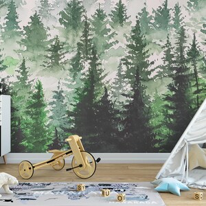 Kids Wallpaper Forest, Woodland Wallpaper for Boys Room, Boys Wallpaper for Bedroom Peel & Stick, Watercolor Forest Pine Wood Mural Vinyl