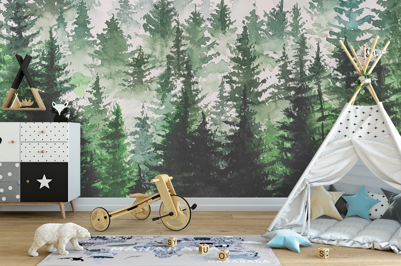 Kids Wallpaper Forest, Woodland Wallpaper for Boys Room, Boys Wallpaper for Bedroom Peel & Stick, Watercolor Forest Pine Wood Mural Vinyl