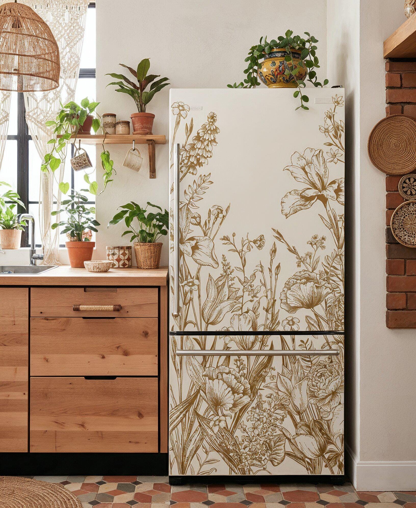 Vintage Floral Fridge Wrap Beige, Removable French Door Refrigerator ...
