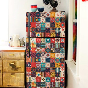 Farmhouse Refrigerator Wrap Side by Side Retro Style Patchwork Fridge Wrap Vinyl Decorative Fridge Decals Self Adhesive Rustic Kitchen Decor