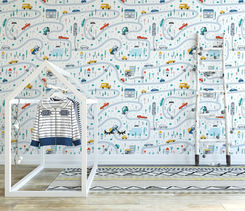 Kids Wallpaper, Car Wallpaper for Boys Room, Boys wallpaper for Bedroom Peel & Stick, Boy Nursery Wallpaper, Kids Mural Adhesive Wallpaper