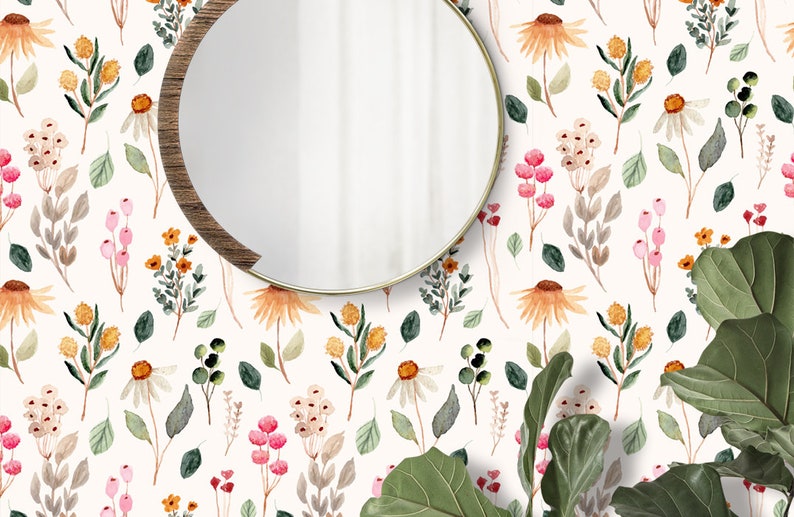 Floral Wallpaper Peel and Stick, Botanical Wallpaper Vintage, Herb Watercolor Flower Wallpaper Self Adhesive Removable, Wildflower Wallpaper