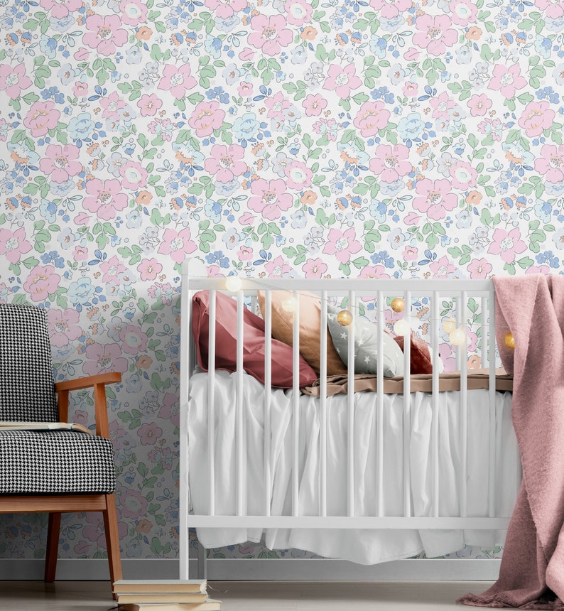 Pink Floral Wallpaper Nursery or Girls Room Flower Wallpaper Etsy