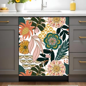 May include: A white dishwasher cover featuring a vibrant floral design. The pattern includes large orange, pink, and teal flowers, along with green leaves and geometric shapes. The design is set against a white background.