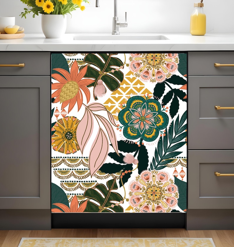 May include: A white dishwasher cover featuring a vibrant floral design. The pattern includes large orange, pink, and teal flowers, along with green leaves and geometric shapes. The design is set against a white background.