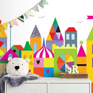 Cityscape Wall Murals for Kids, Kids Wall Mural, Cartoon City Wall Mural, Town Wall Mural Peel and Stick Kids, Murals for Walls Cityscape