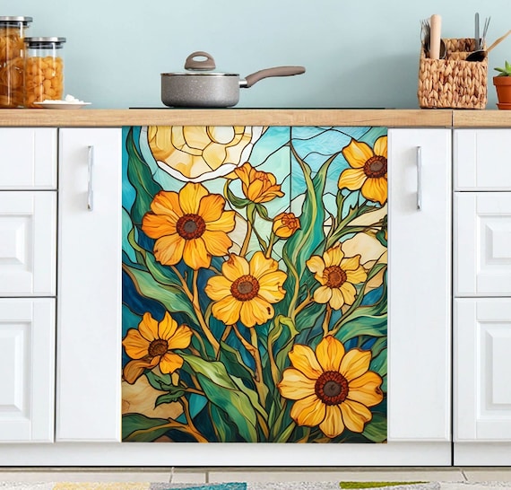 Dishwasher Magnet Cover Stained Glass Flowers, Kitchen Dishwasher Cover Magnetic Decal Vinyl Decorative, Kitchen Decor Self Adhesive Wrap