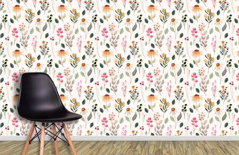Floral Wallpaper Peel and Stick, Botanical Wallpaper Vintage, Herb Watercolor Flower Wallpaper Self Adhesive Removable, Wildflower Wallpaper