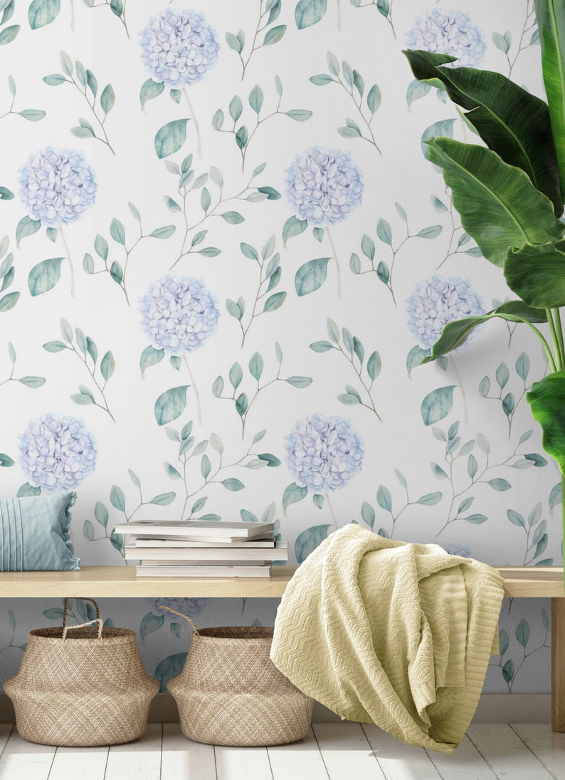 Watercolor Blue Hydrangea Wallpaper Peel & Stick Floral - Etsy
