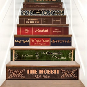 Book Title Stair Decals Custom, Book Spine Stair Riser Decals, Staircase Decals Vinyl Peel Stick, Retro Book Spine Decals for Stairs Decor