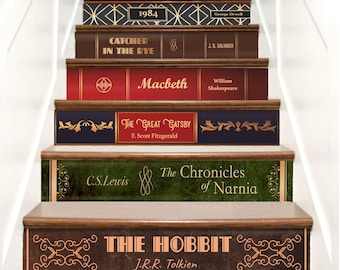 Book Title Stair Decals Custom, Book Spine Stair Riser Decals, Staircase Decals Vinyl Peel Stick, Retro Book Spine Decals for Stairs Decor