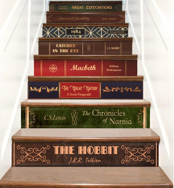 Book Title Stair Decals Custom, Book Spine Stair Riser Decals, Staircase Decals Vinyl Peel Stick, Retro Book Spine Decals for Stairs Decor