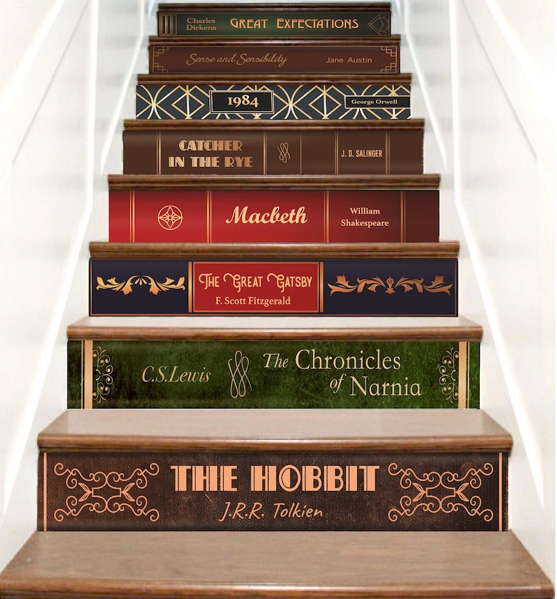 Book Title Stair Decals Custom, Book Spine Stair Riser Decals, Staircase Decals Vinyl Peel Stick, Retro Book Spine Decals for Stairs Decor
