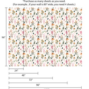 May include: A floral wallpaper pattern with a white background and a repeating pattern of pink, yellow, and green flowers. The wallpaper is divided into five sections, each measuring 24 inches wide and 96 inches tall. The image includes the text "*Purchase as many sheets as you need. (For example, if your wall is 80" wide, you need 4 sheets.)"