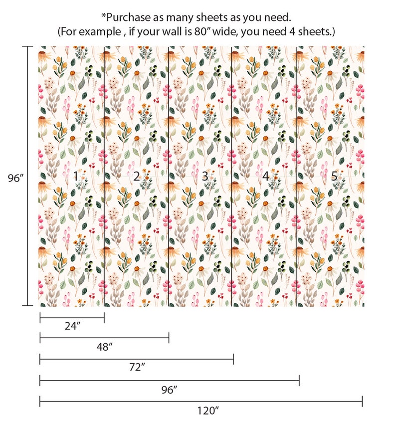May include: A floral wallpaper pattern with a white background and a repeating pattern of pink, yellow, and green flowers. The wallpaper is divided into five sections, each measuring 24 inches wide and 96 inches tall. The image includes the text "*Purchase as many sheets as you need. (For example, if your wall is 80" wide, you need 4 sheets.)"