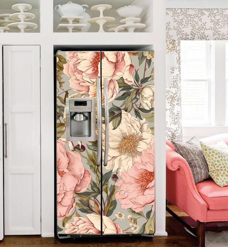 Fridge Wrap Floral Vintage, Refrigerator Wrap Vinyl Side by Side, Pink ...