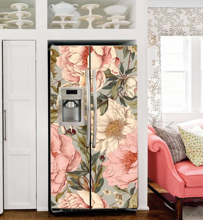 Floral Fridge Wrap Vintage Refrigerator Wrap Vinyl Side by Side Pink Teal Fridge Decals Bottom Decorative Self Adhesive Flower Kitchen Decor