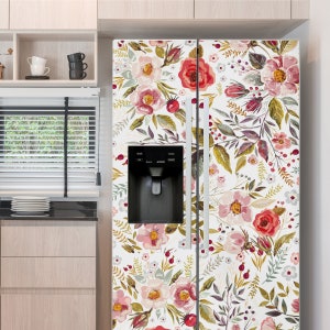Fridge Wrap Floral, Refrigerator Wrap Vinyl Top Bottom Side by Side French Doors, Decorative Fridge Decals Self Adhesive, Kitchen Decor